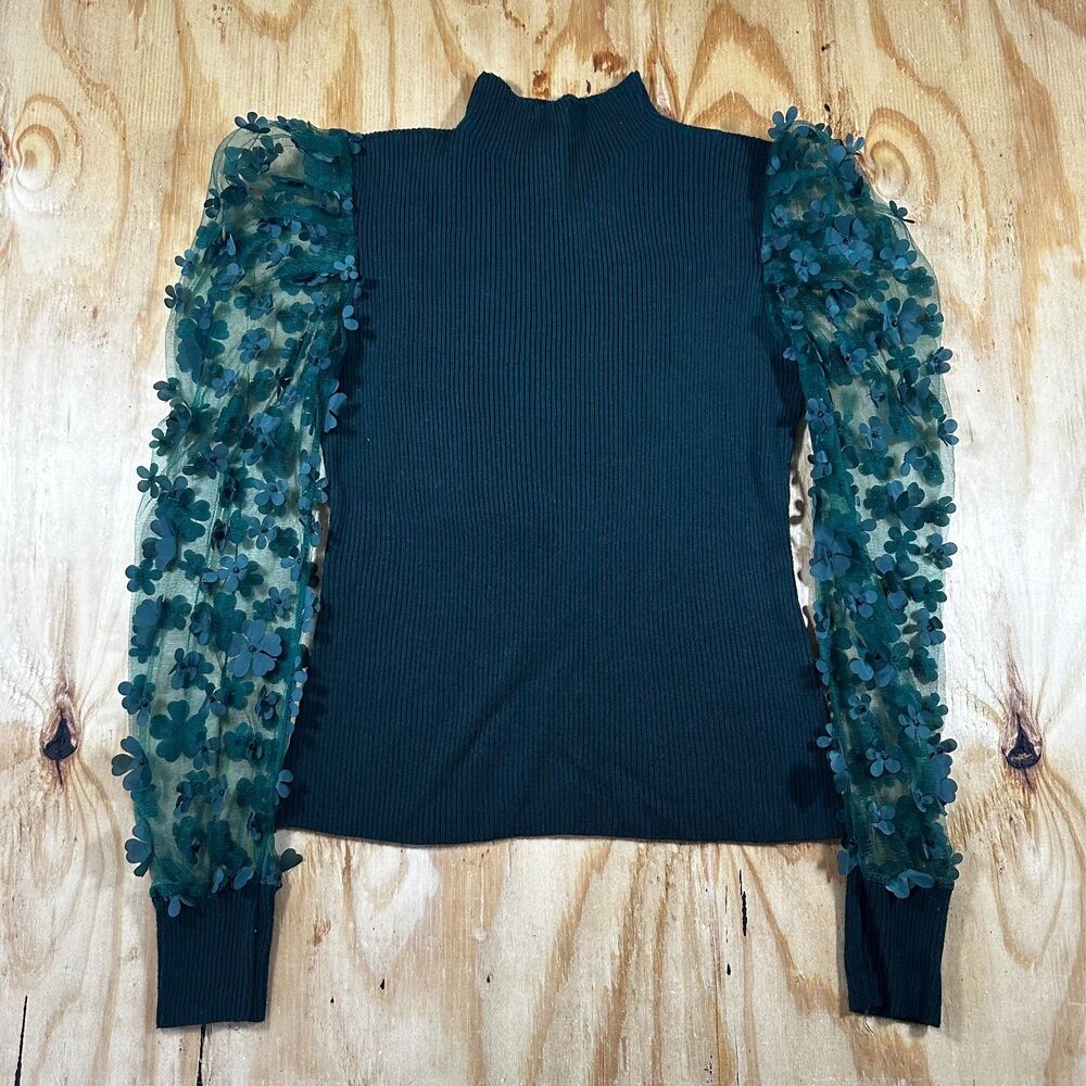 Almost Famous Forest Green Floral Mesh Puff Sleeve Sweater - Size L